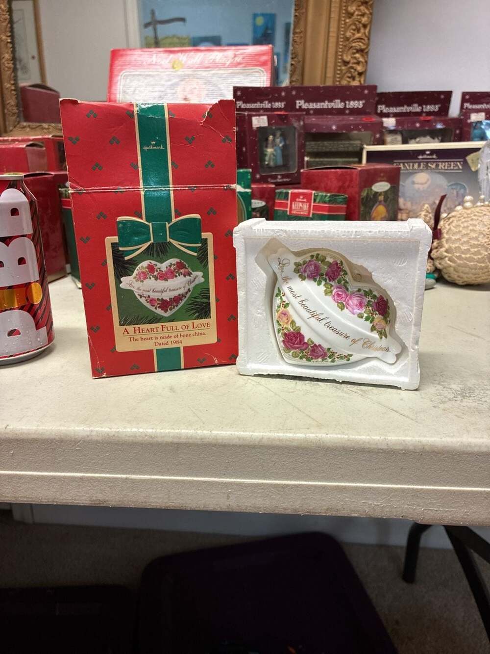 1984 Hallmark Bone China Ornament A Heart Full of Love Pink Roses NIB NEW IN BOX
